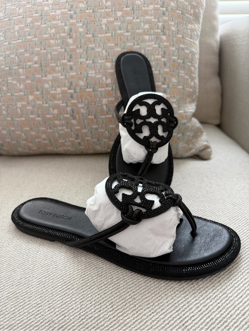 Tory Burch Black Miller Logo Rope Thong Sandals